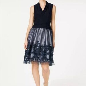 SLNY Navy Embroidered Midi Dress NWT